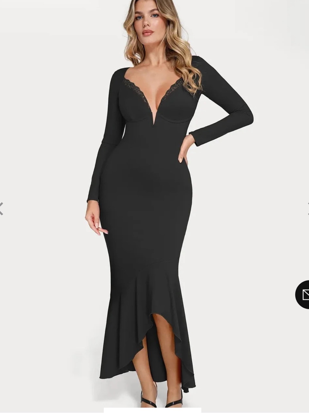Shapewear Long Sleeve Lace Trim Sculpting Mermaid Maxi Dress